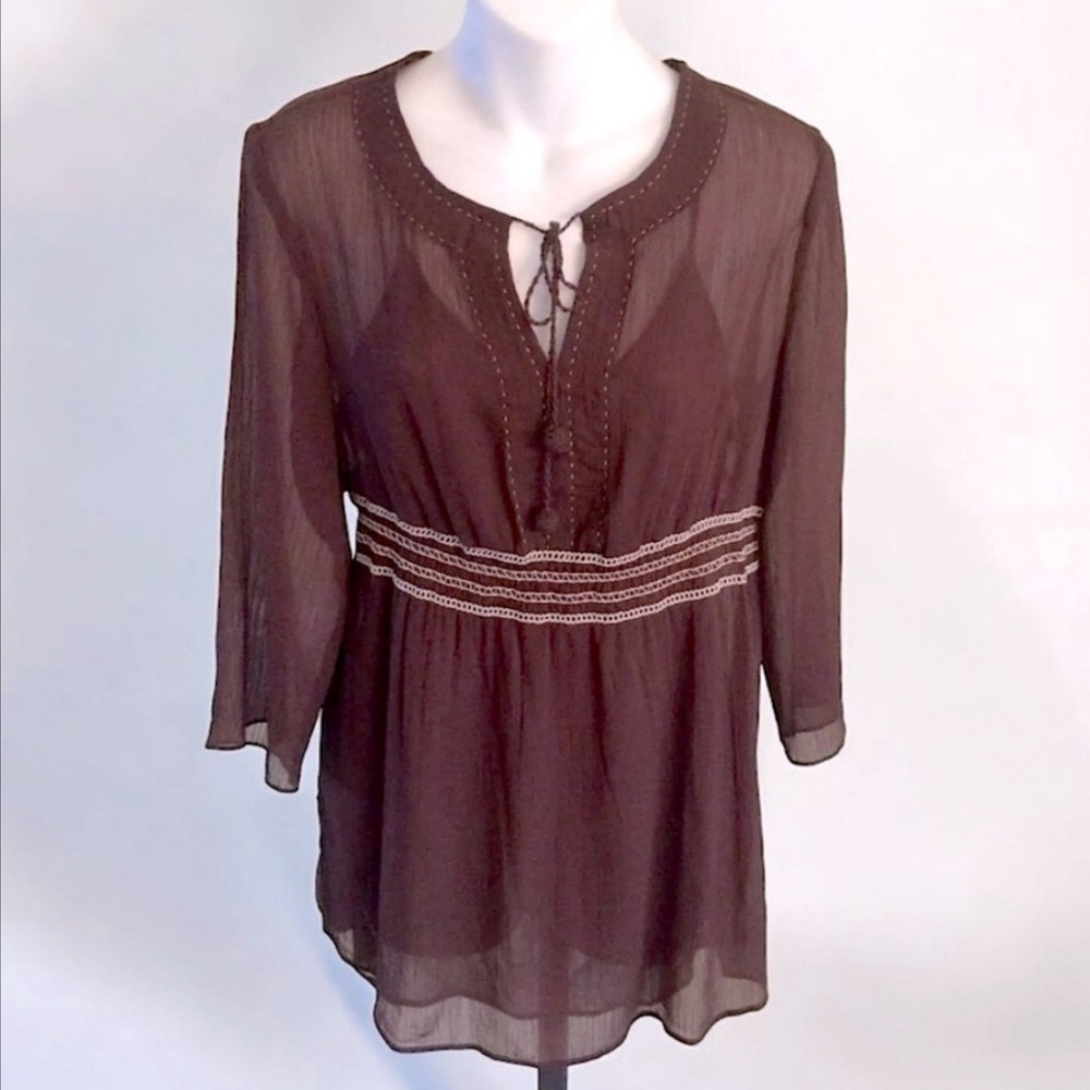 STYLE & CO Mocha Sheer Boho Swim Coverup Tunic 18W Gauze Smocked Beach Resort